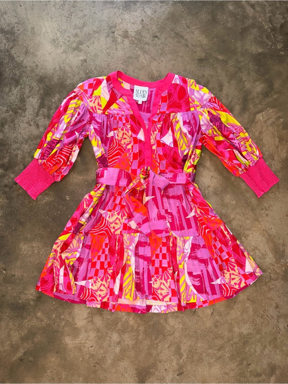 Alden Adair Pink Abstract Print Tiered Tie Waist Dress Small Cotton Stretch